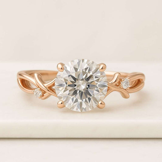 Round Lab Diamond Leaf Engagement Ring Round Cut Lab Diamond Wedding Band Yellow Gold Leaf Ring