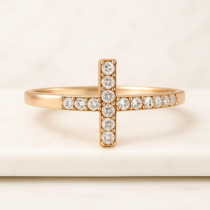 Round Lab Grown Diamond Cross Ring Minimalist Dainty Christian Cross Jewelry for Women