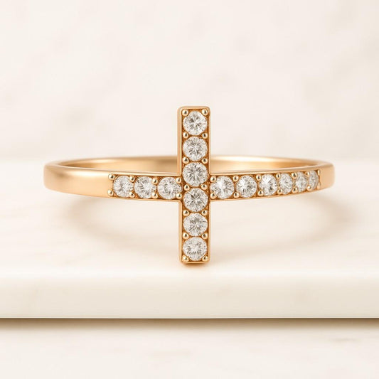 Round Lab Grown Diamond Cross Ring Minimalist Dainty Christian Cross Jewelry for Women