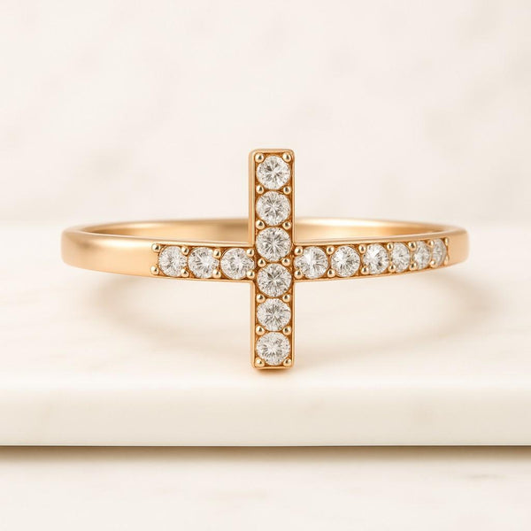 Round Lab Grown Diamond Cross Ring Minimalist Dainty Christian Cross Jewelry for Women