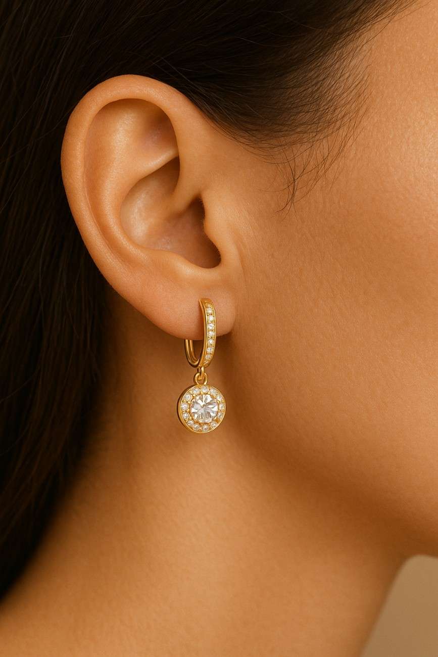 Round Lab Grown Diamond Dangle Hoop Earrings Hexagon Shape Halo Dangle Earrings White Gold Natural Diamond Dainty Earrings For Women