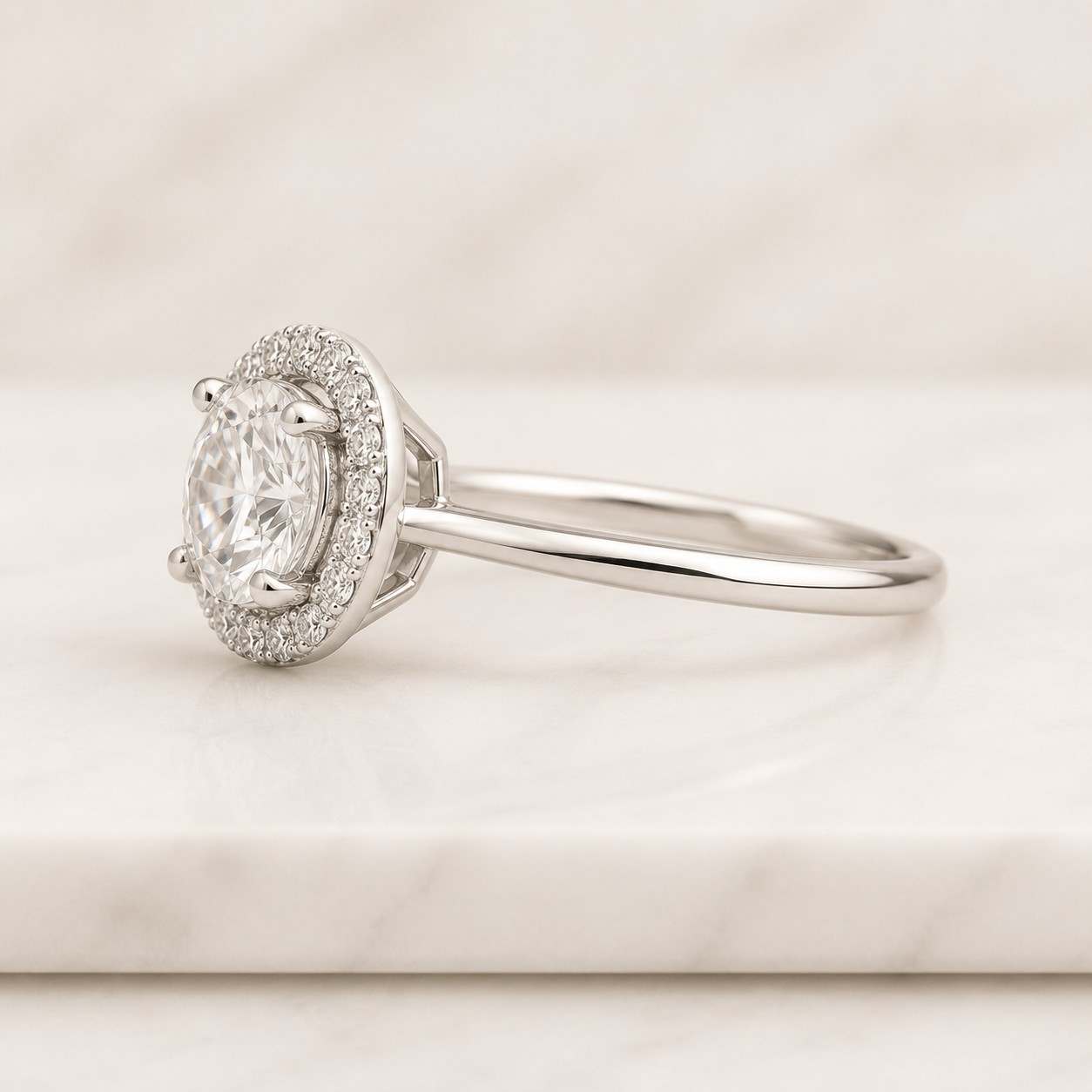 round lab grown diamond engagement ring with triple row pave set band in 14k gold, hidden halo
