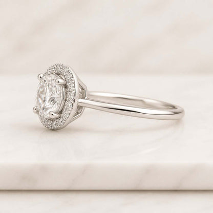 Round Lab Grown Diamond Engagement Ring With Triple Row Pave Set Band in 14K Gold, Hidden Halo
