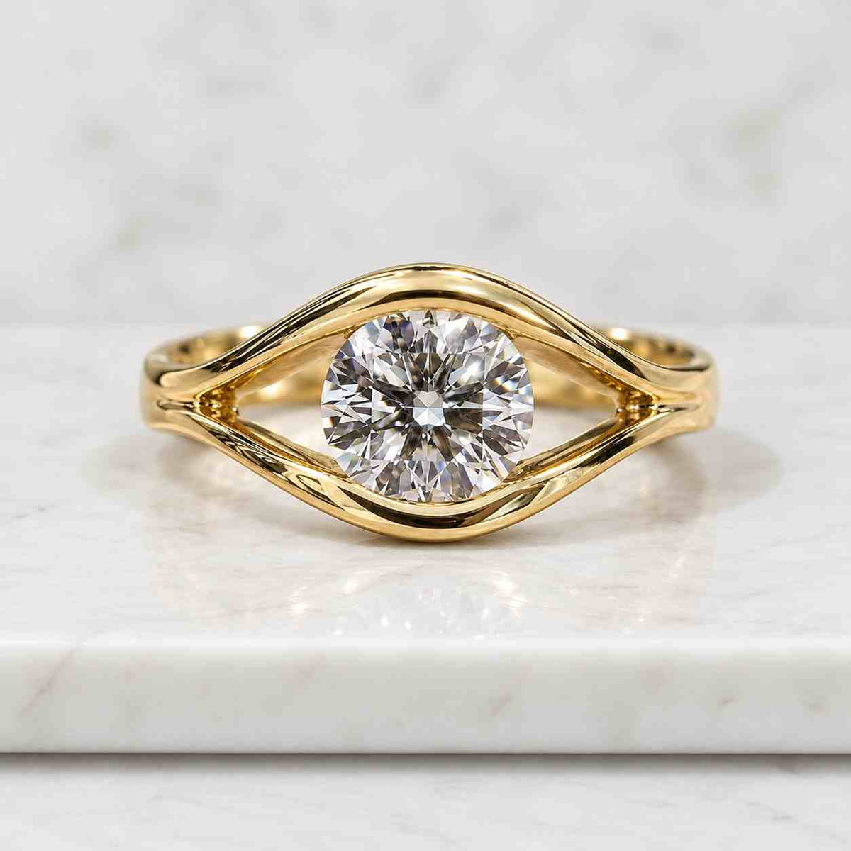Round Lab Grown Diamond Floating Ring, 14K Yellow Gold Tension Setting, Architectural Split Shank Solitaire, Modern Geometric Ring for Her
