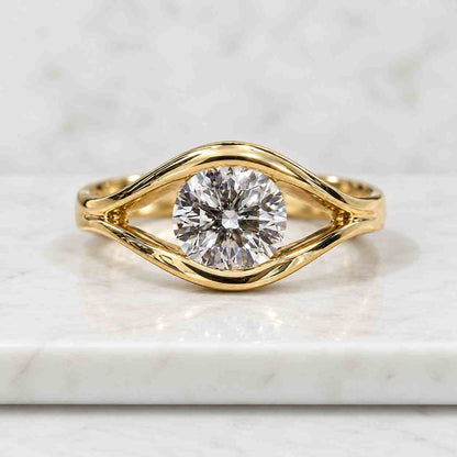 Round Lab Grown Diamond Floating Ring, 14K Yellow Gold Tension Setting, Architectural Split Shank Solitaire, Modern Geometric Ring for Her
