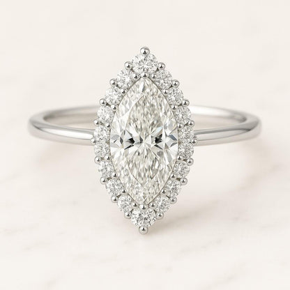 Round Lab Grown Diamond Halo Engagement Ring Lab Created Diamond Side Marquise Cut Diamond Wedding Ring for Her Gift Ring Hidden Halo Marquise Wedding Ring