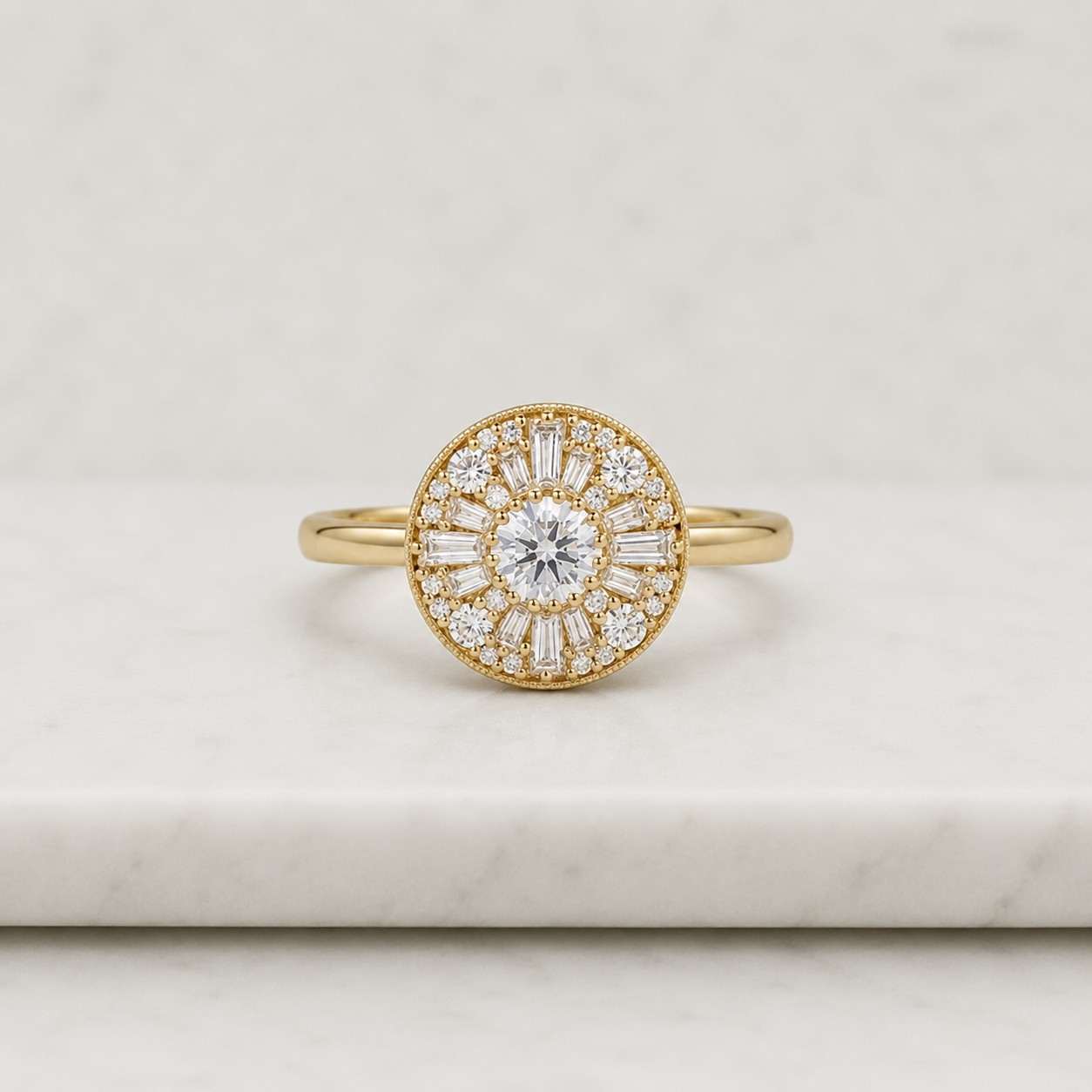 Round Lab Grown Diamond Halo Ring Sunburst Baguette Engagement Ring Vintage Style Bridal Ring Unique Statement Ring Promise Ring For Women
