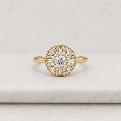 Round Lab Grown Diamond Halo Ring Sunburst Baguette Engagement Ring Vintage Style Bridal Ring Unique Statement Ring Promise Ring For Women
