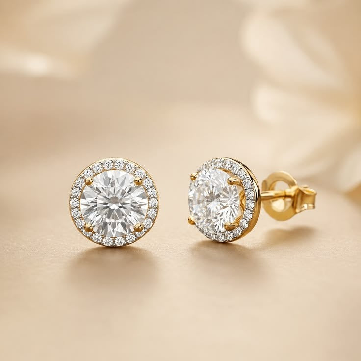 Round Lab Grown Diamond Halo Stud Earrings, Solid Gold: Round Brilliant Cut Minimalist Solitaire, Ethical Fine Jewelry, Gift for Her
