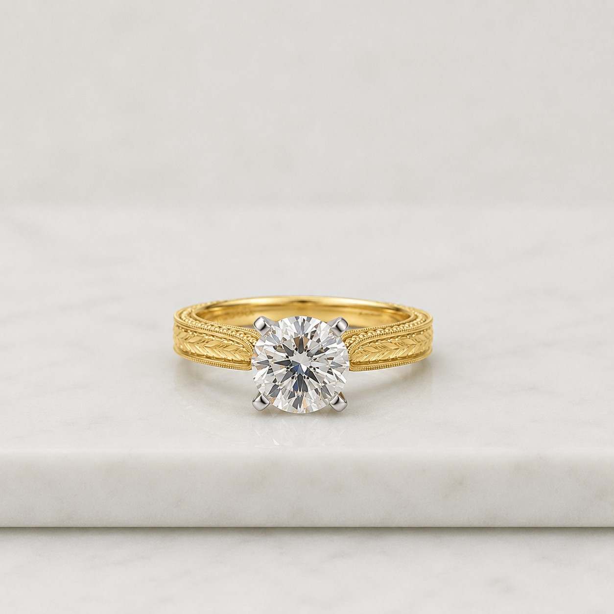 round lab grown diamond solitaire engagement ring vintage scroll engraved band 14k yellow gold classic proposal ring for women