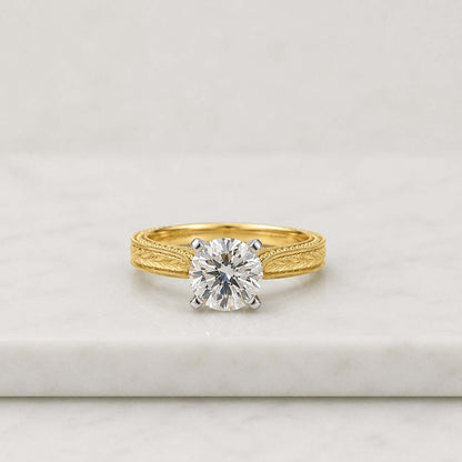 Round Lab Grown Diamond Solitaire Engagement Ring Vintage Scroll Engraved Band 14K Yellow Gold Classic Proposal Ring for Women