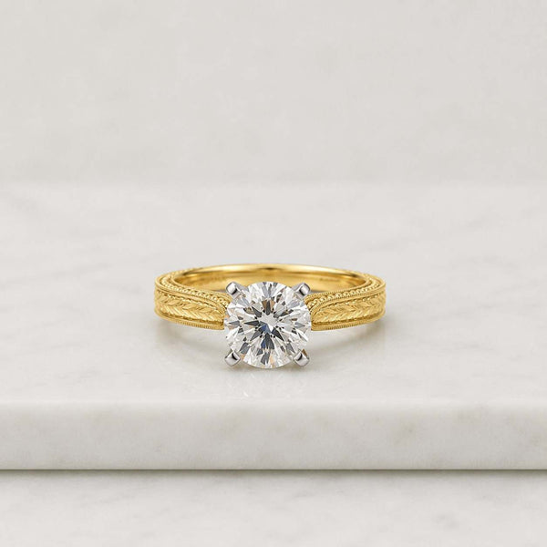 Round Lab Grown Diamond Solitaire Engagement Ring Vintage Scroll Engraved Band 14K Yellow Gold Classic Proposal Ring for Women