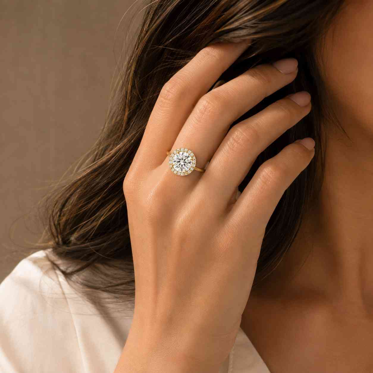  round lab grown engagement ring, e vvs2 certified centre diamond 1.03 carat side 0.78 carat, halo engagement ring