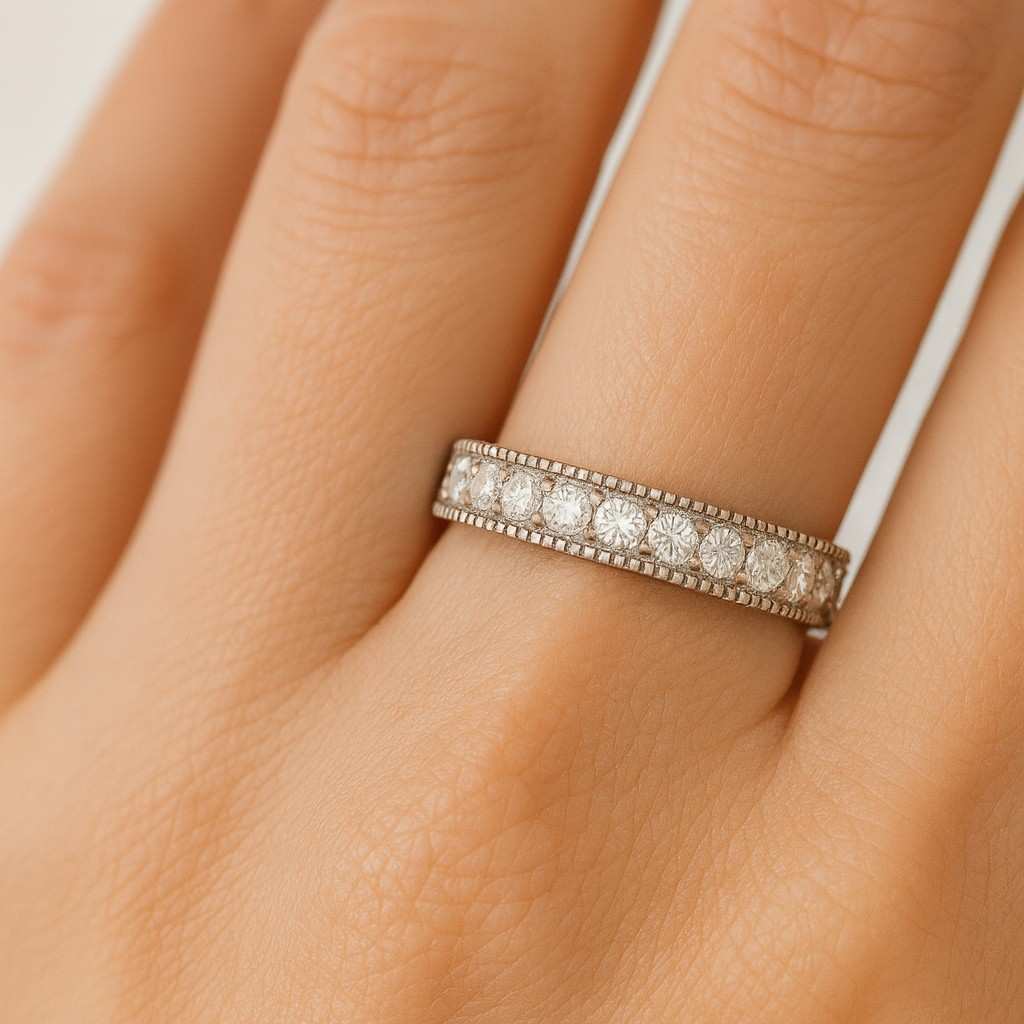 Round Moissanite Milgrain Set Band 14K Solid Gold Eternity Band For Bridal Gift Moissanite Band For Wedding Gift Round Cut Matching Band