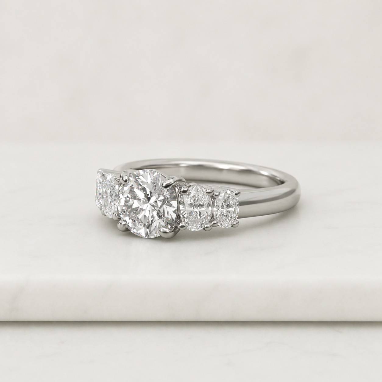 round moissanite ring five stone 5 stone engagement ring, round cut moissanite diamond ring 14k yellow gold anniversary band
