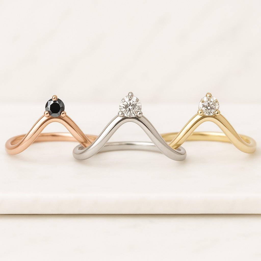 Round Natural Diamond Chevron Band 14K Solid Gold Minimalist Band