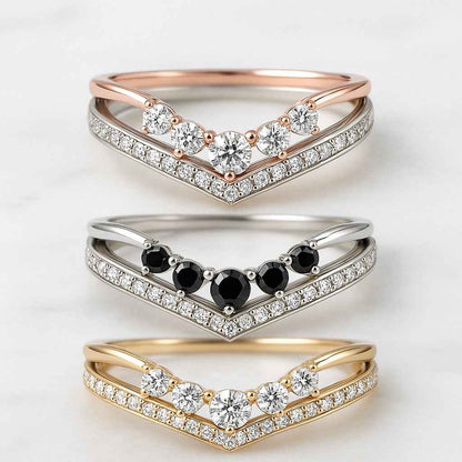 Round Natural Diamond Chevron Band 14K Solid Gold Minimalist Band Prong Set Dainty Band For