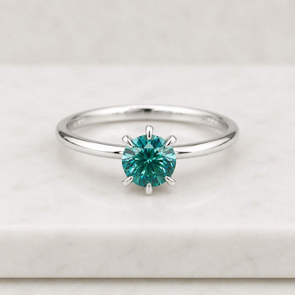 Round Teal Sapphire Ring, Lab Created Solitaire Accents, Custom Gold Engagement Ring, Anniversary Gift
