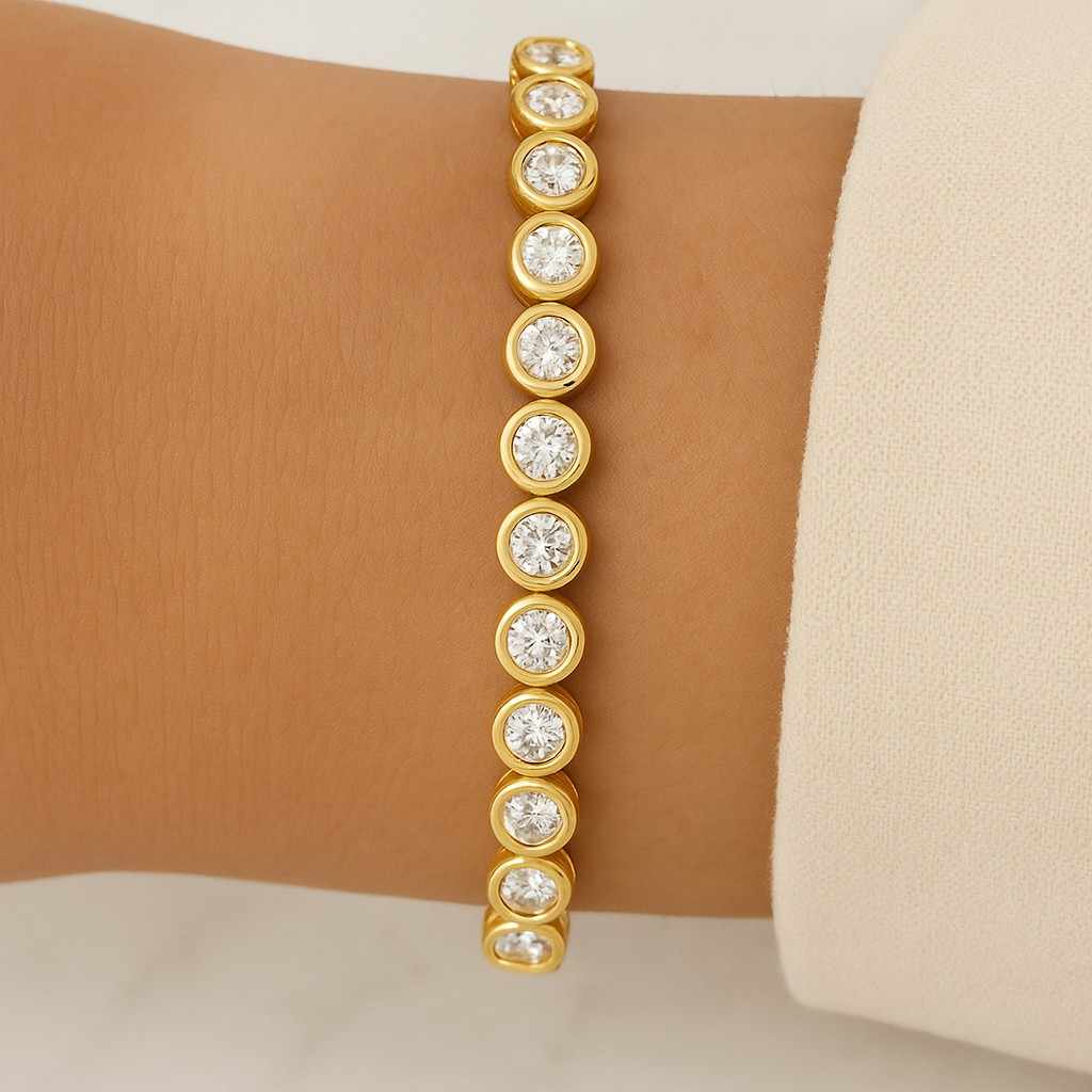 Round Shape Round Diamond Tennis Bracelet 14k 18k Real Gold Lab Grown Bezel Diamond Minimalist Everyday Wear Luxury Gold Stacking Bracelet