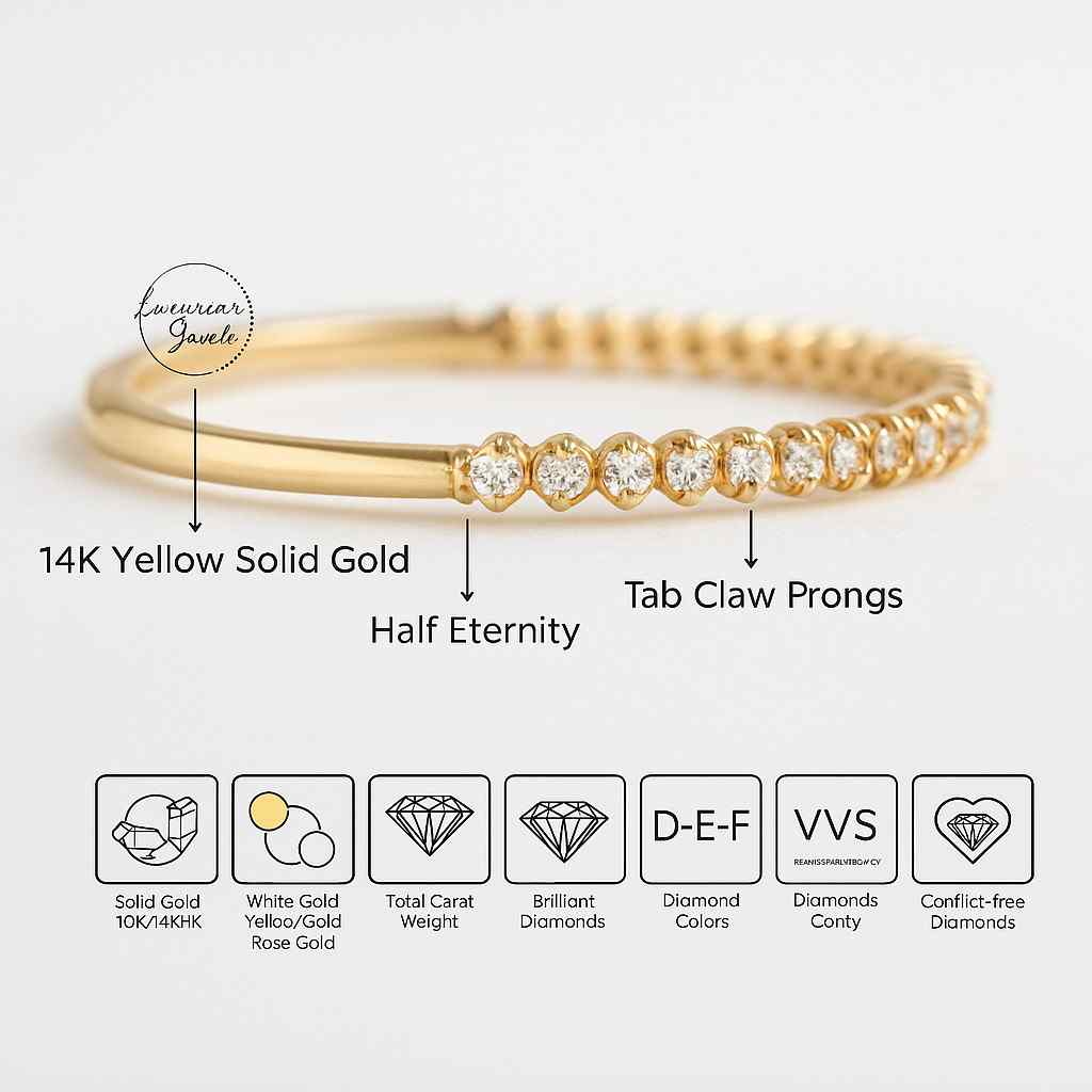 Round Stackable Half Eternity Band 14K Solid Yellow Gold Wedding Band