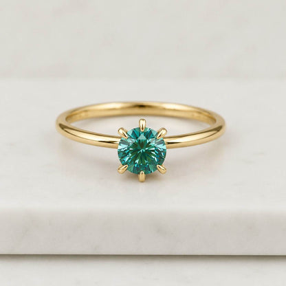 Round Teal Sapphire Ring, Lab Created Solitaire Accents, Custom Gold Engagement Ring, Anniversary Gift
