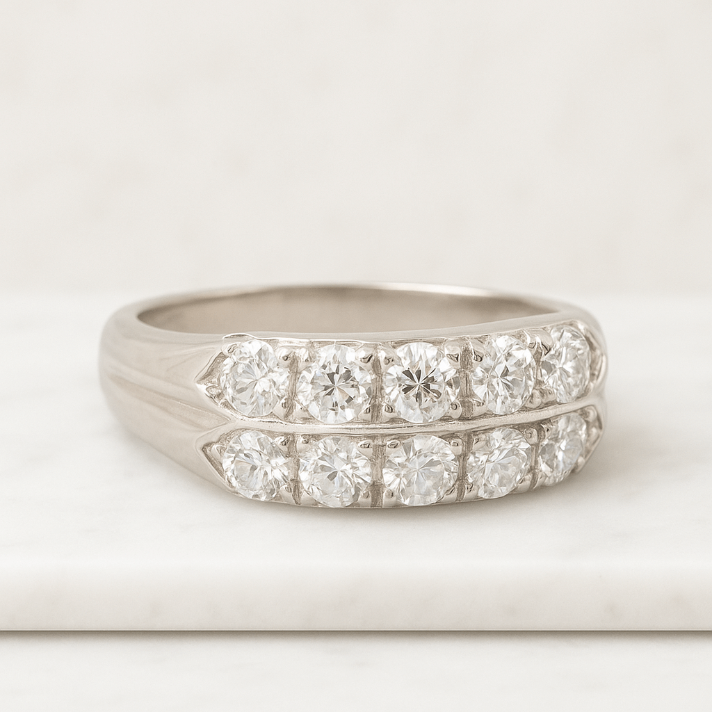 Round and Baguette Cut Moissanite Diamond Curved Style Ring