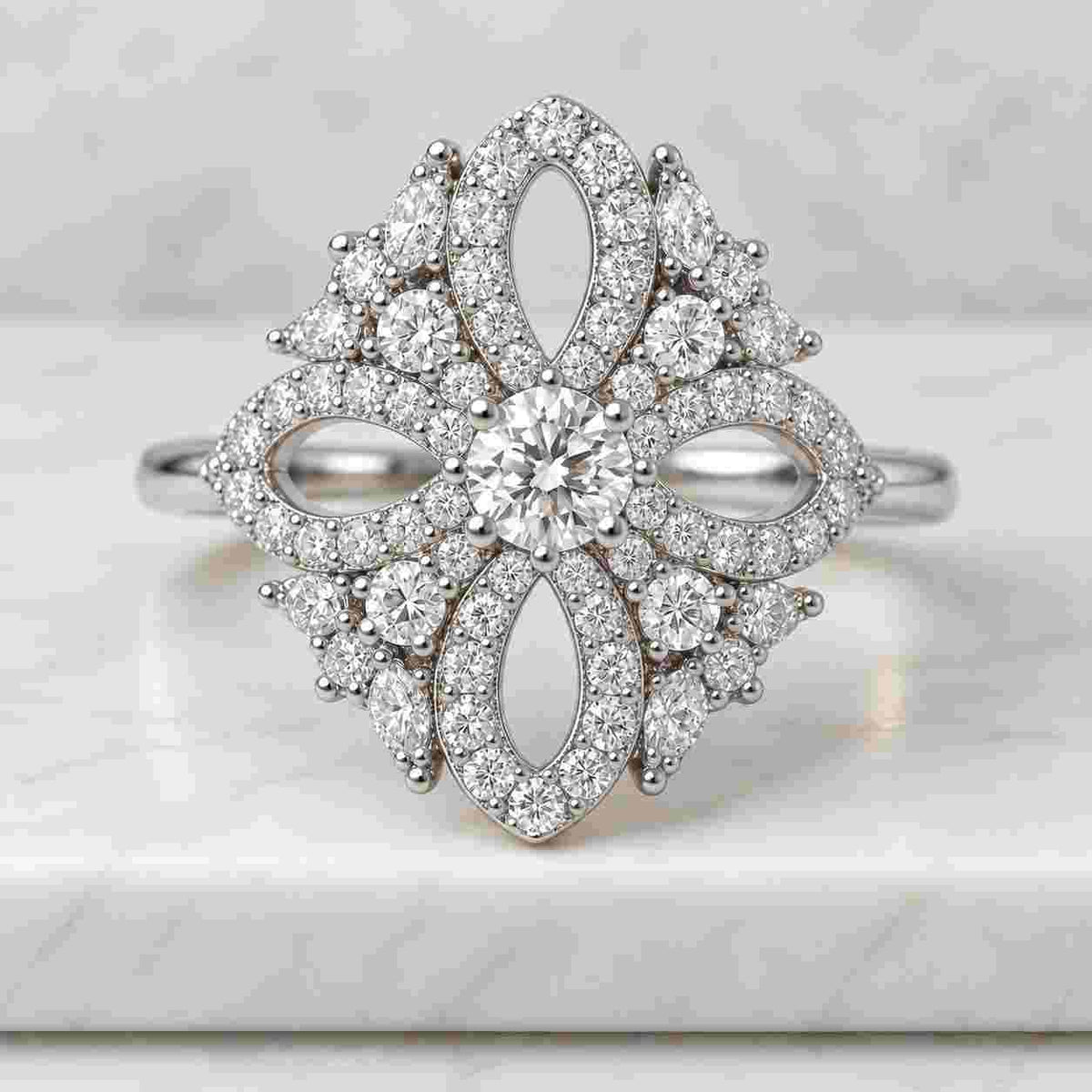 Round brilliant-cut lab-grown diamond engagement ring, DEVVS VS; pavé set wedding ring with a band encircled by diamonds, anniversary gift