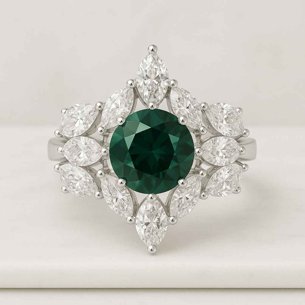 Round cut Lab Grown Emerald Diamond Hidden Halo Engagement Cocktail Ring for Her