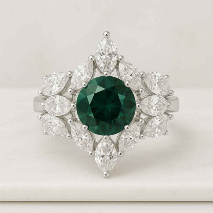 Round cut Lab Grown Emerald Diamond Hidden Halo Engagement Cocktail Ring for Her