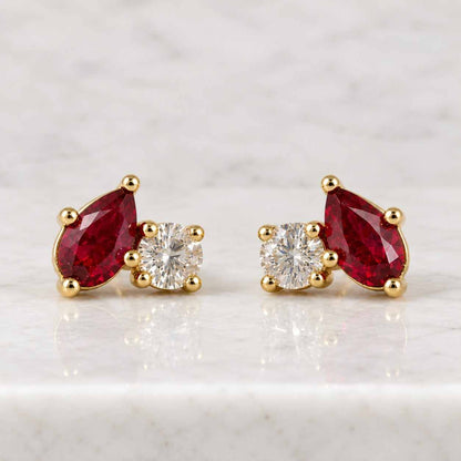 Ruby Diamond Flower Stud Earrings 14K Gold | Natural Ruby Cluster Earrings | July Birthstone Gift | Floral Gold Studs
