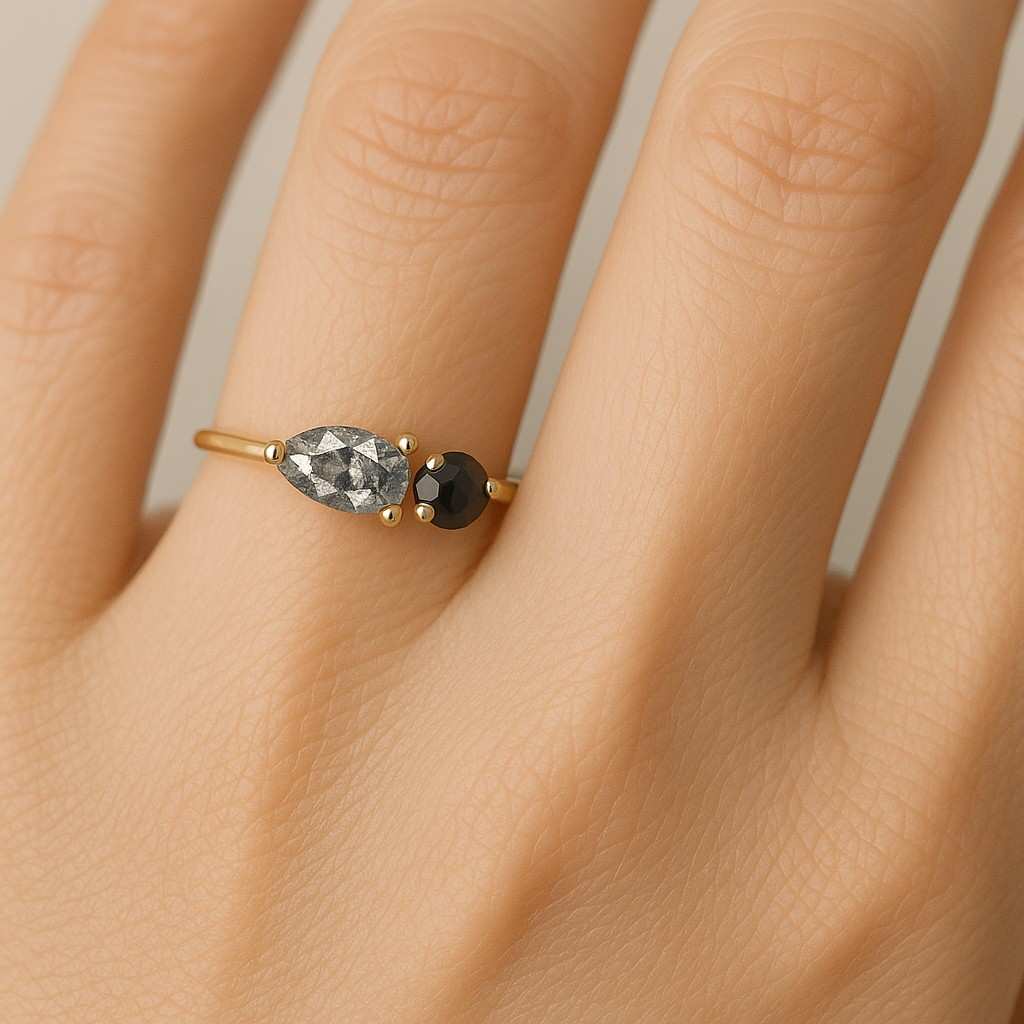 Salt Pepper Diamond Engagement Ring Set, Vintage Pear Twig Vine Ring Chevron Midi Knuckle Half Eternity Wedding Band Woman