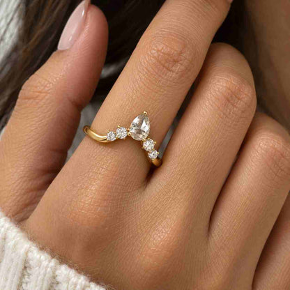 Salt And Pepper Diamond Ring Set, Rustic Pear Gray Diamond Bridal Ring Set, Teardrop Halo Engagement Ring, U Shape Curved Matc