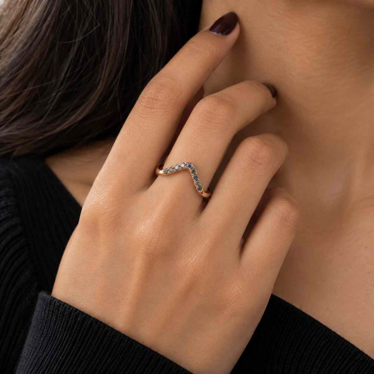 Salt & Pepper Diamond Wedding Band - 14K Rose Gold Ring, Curved Stackable Ring 
