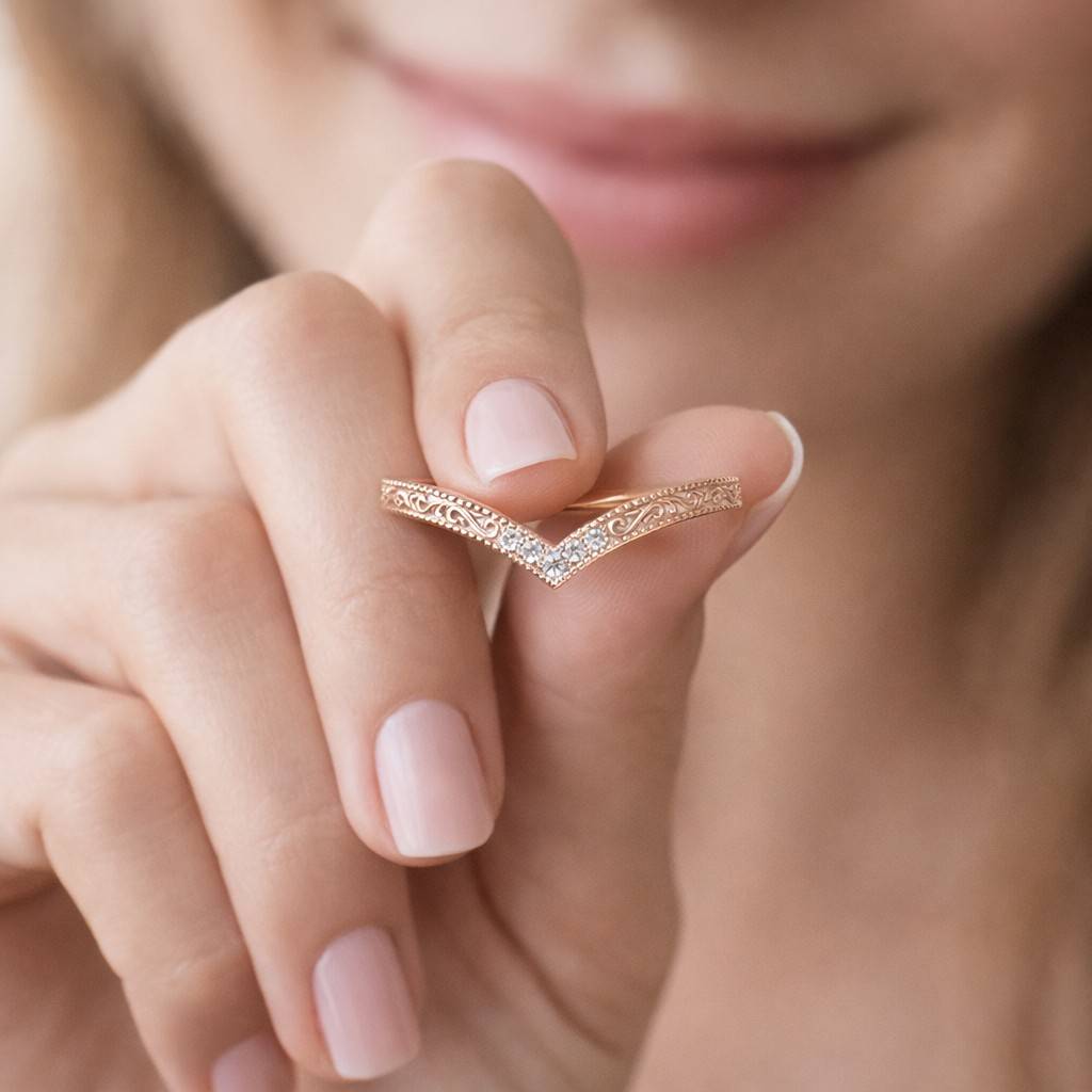 Vintage Moissanite Curved Wedding Band Women Yellow Gold Milgrain Ring Unique Hand Engraved Band Stacking Ring Anniversary Ring For Her
