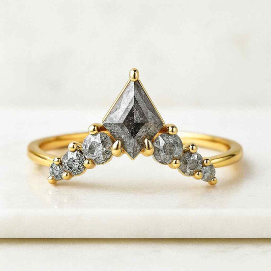 Salt and Pepper Diamond Ring Set Engagement Ring and Wedding Band Set Kite Salt Diamond Ring Black Salt and Pepper Ring Set Art Deco