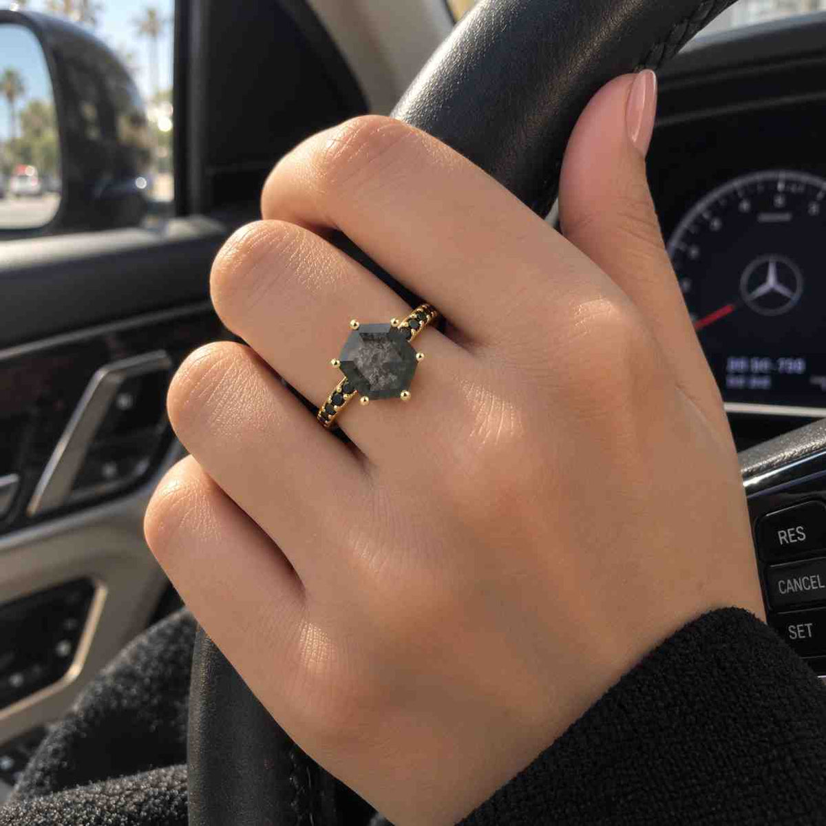 Salt and pepper diamond engagement, diamond cluster ring, 14k/18k yellow and rose gold, Engagement Ring Salt and Pepper Rustic, 8 Diamonds
