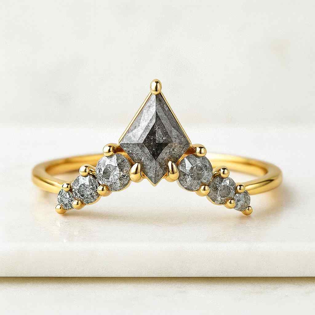 Salt and Pepper Diamond Ring Set Engagement Ring and Wedding Band Set Kite Salt Diamond Ring Black Salt and Pepper Ring Set Art Deco