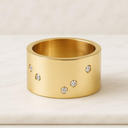 Scattered Diamond Wedding Band Flush Set Round Diamond Cigar Band Huge Cigar Band Cocktail Band Matt Gold Finish Cigar Band