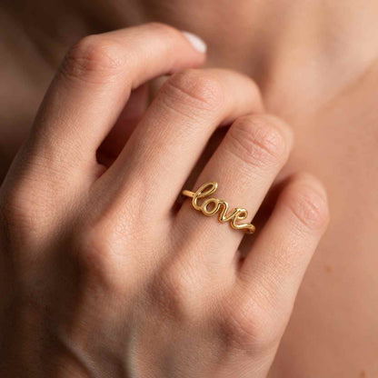 Script Love Ring, 14K Solid Gold Stackable Ring, Minimalist Statement Ring, Dainty Cursive Letter Ring, Gift For Girlfriend, Birthday Gift

