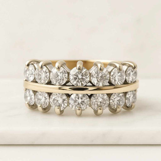 Cluster Set CVD Diamond Vintage Band, 14K Solid Gold Chevron Band