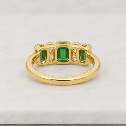 Seven Stone Engagement Ring, Green Emerald & Roud Cut CZ Stone Wedding Ring, Women's Two Stone Gemstone Ring, Milgrain Art Deco Ring For Her
