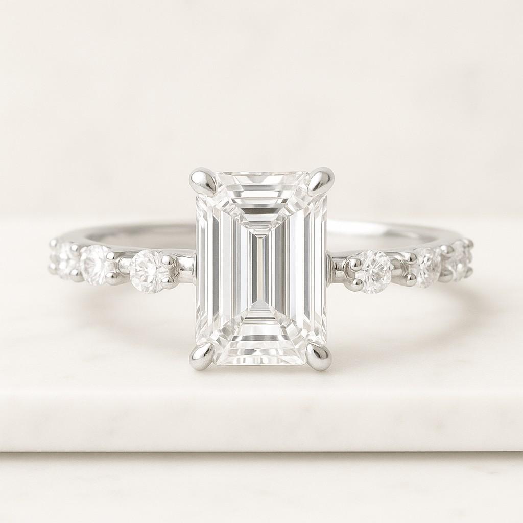 Side Emerald Moissanite Three Stone Engagement Ring Three Stone Engagement Ring