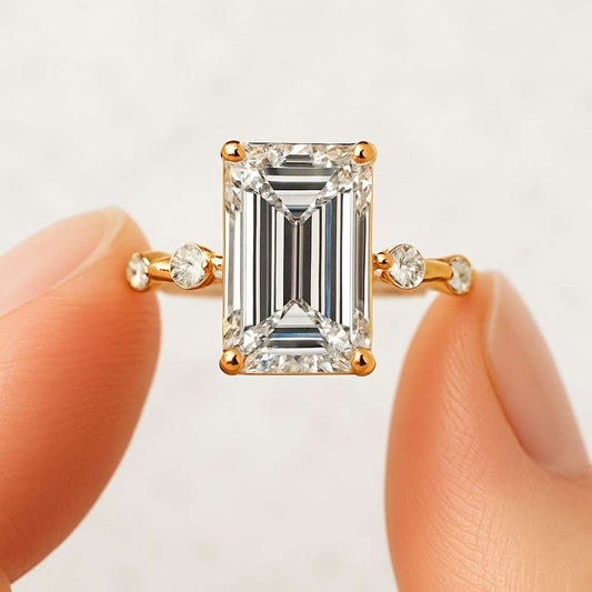 Side Trapezoid Moissanite, Three Stone Engagement Ring