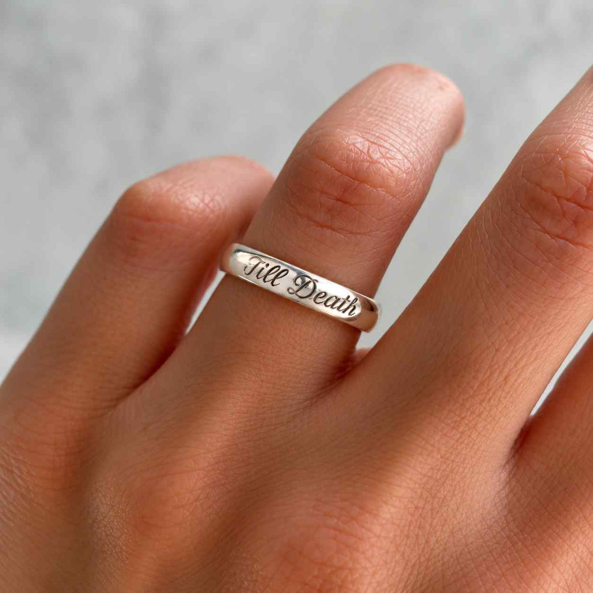 Engraved Round Signet Ring: Till Death Quote Silver Ring, Statement Unisex Alternative Wedding Band
