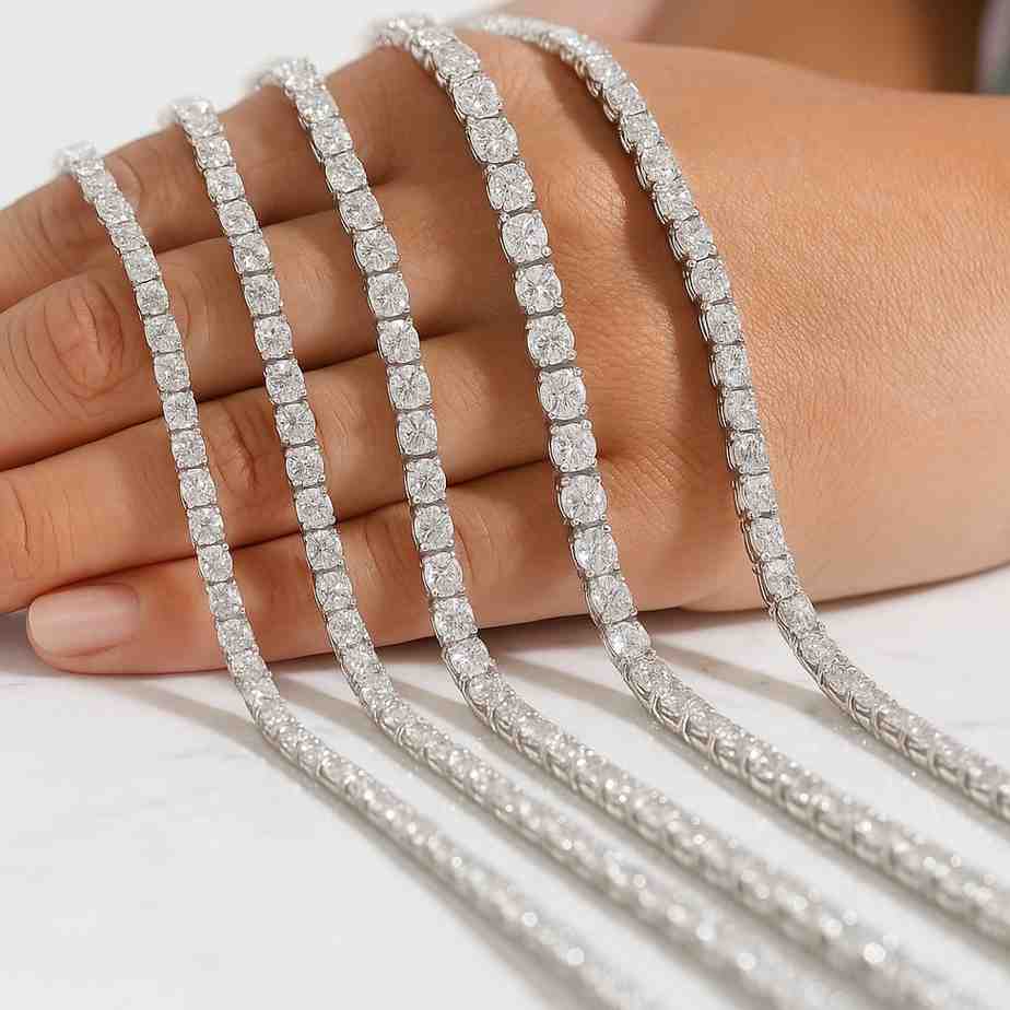 Silver Diamond Tennis Bracelet Prong Set Minimalist Chain Bracelet Layering on Wrist Moissanite Round