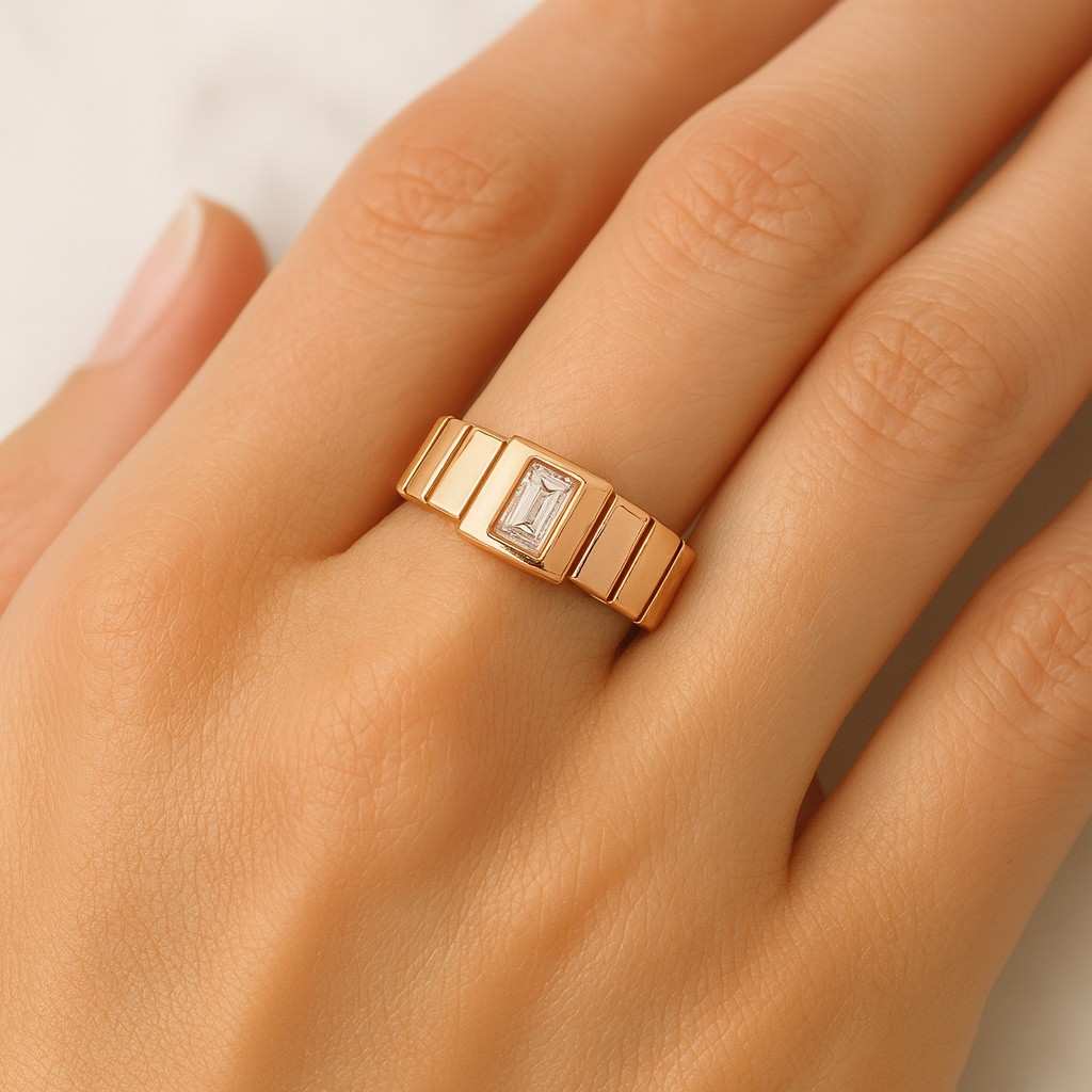 Single Stone Ring Anniversary Gift for Her French Baguette Cut Lab Diamond Mens Band Filigree and Milgrain Set Diamond Wedding Band