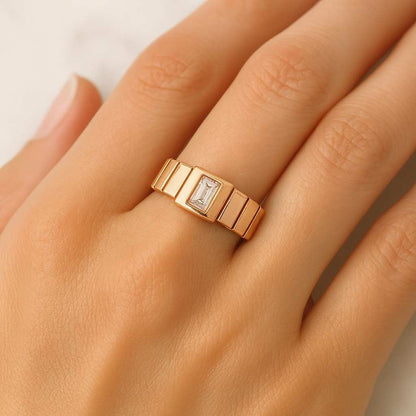 Single Stone Ring Anniversary Gift for Her French Baguette Cut Lab Diamond Mens Band Filigree and Milgrain Set Diamond Wedding Band