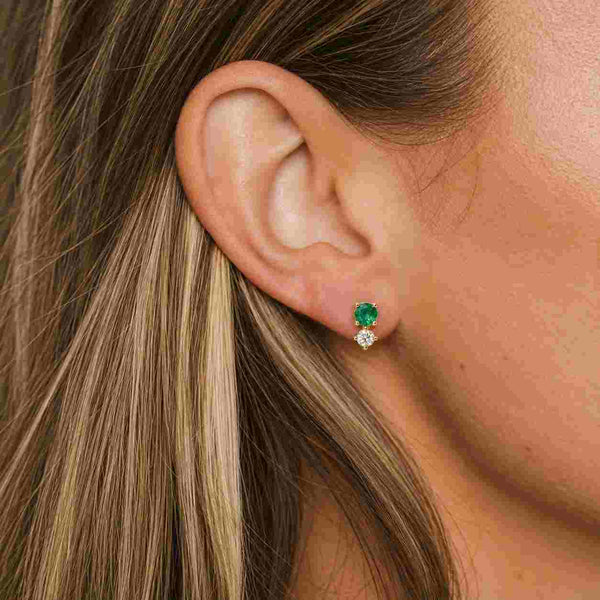 Small Emerald Halo Studs, Minimalist Emerald And Diamond Earrings, Solid 14k Yellow Gold, May Birthstone, Anniversary / Holiday Gift Jewelry
