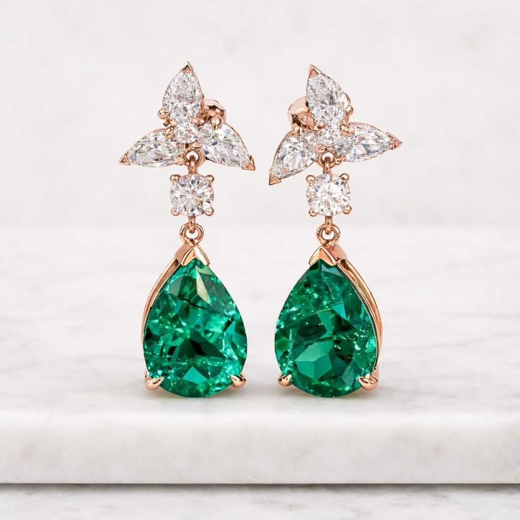 Solid 14K/18K Gold Drop Earrings, Teardrop Green Emerald Earrings Moissanite Earrings Minimalist Earrings, Bridal Jewellery Anniversary Gift
