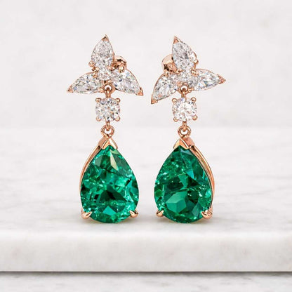 Solid 14K/18K Gold Drop Earrings, Teardrop Green Emerald Earrings Moissanite Earrings Minimalist Earrings, Bridal Jewellery Anniversary Gift
